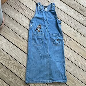 vintage denim overalls jumper dress M embroidered teddy bear flowers True Blue